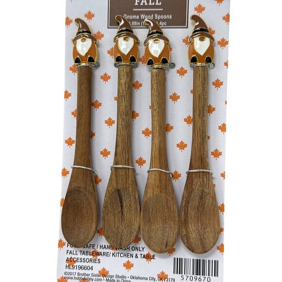 Gnome Wood Spoon Set Of 4 Fall Autumn Country Farmhouse Modern Holiday New - Picture 1 of 9
